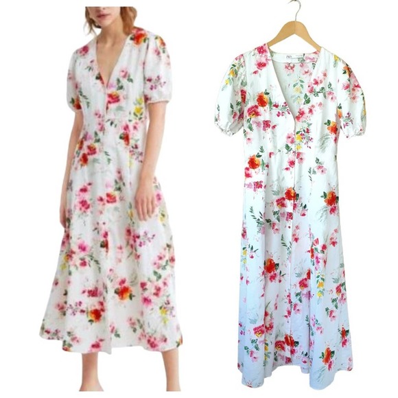ZARA White Floral Linen Blend Midi Maxi Dress Puff Sleeve Medium - Picture 1 of 11
